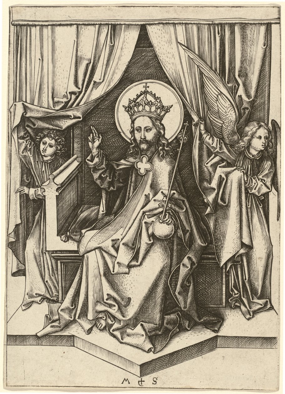 Kristus på tronen, med to engle af Martin Schongauer