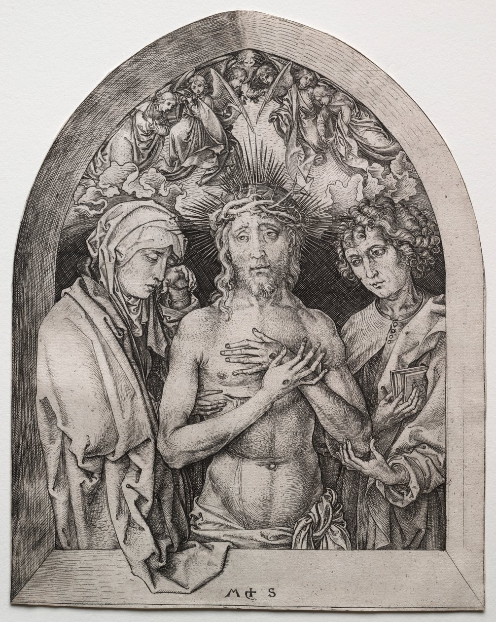 Kristus som sorgens mand mellem jomfruen og Johannes af Martin Schongauer