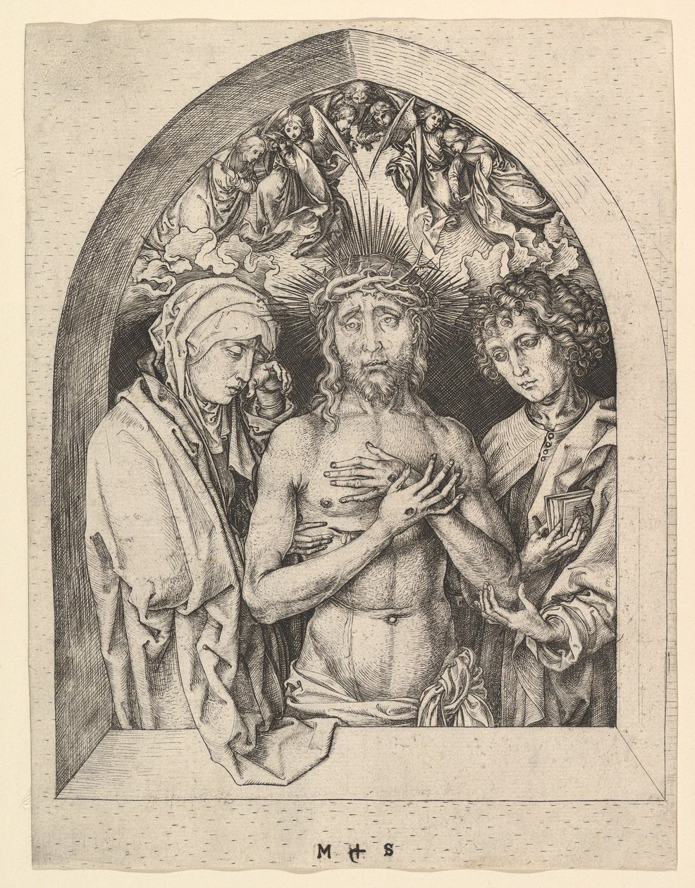 Kristus som sorgens mand med jomfruen og Johannes, ca. 1435-1491. af Martin Schongauer