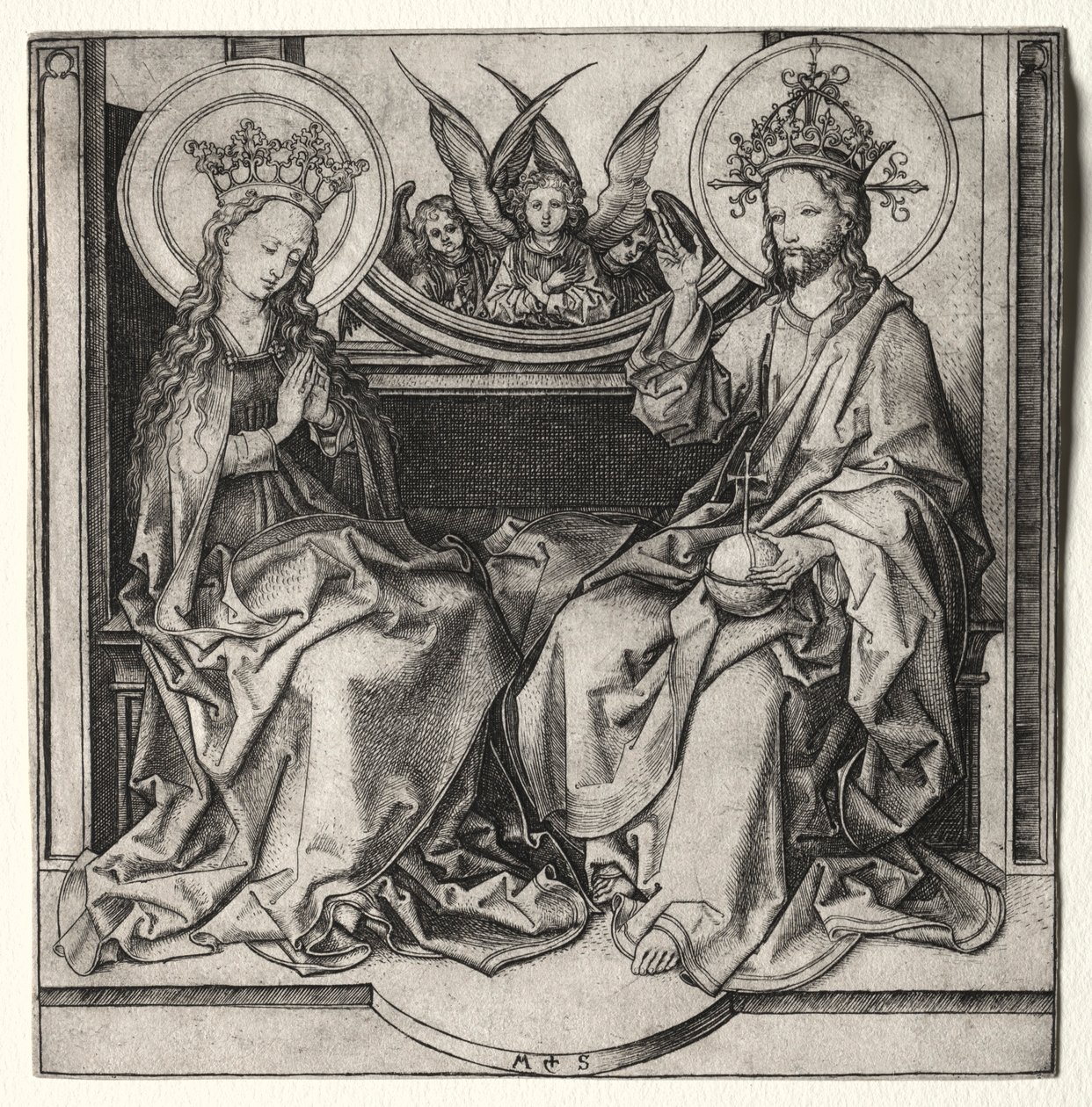 Gud Faderen og den velsignede jomfru på tronen overværet af engle, ca. 1480-90. af Martin Schongauer