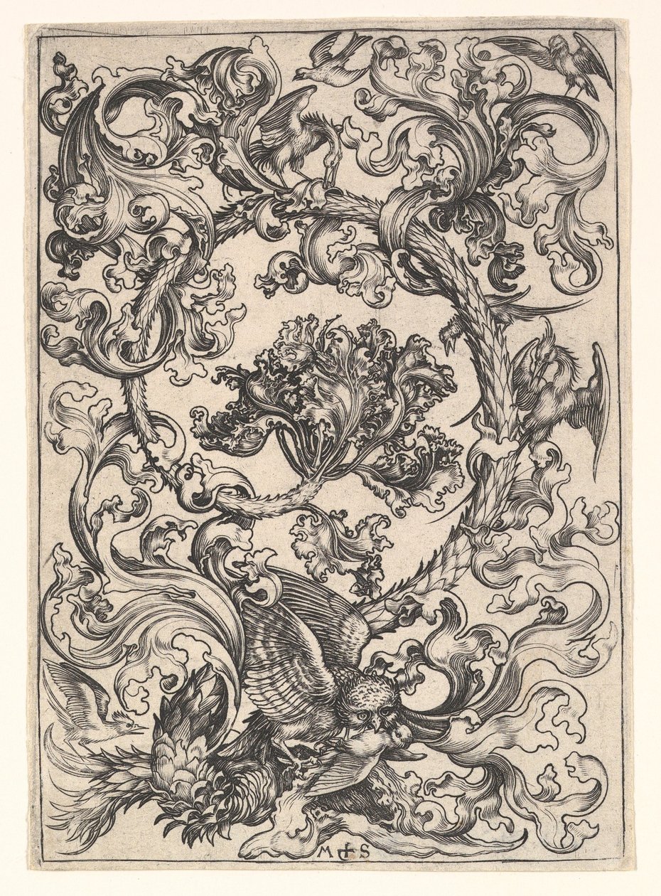 Ornament med ugle hånet af dagfugle, ca. 1435-1491. af Martin Schongauer