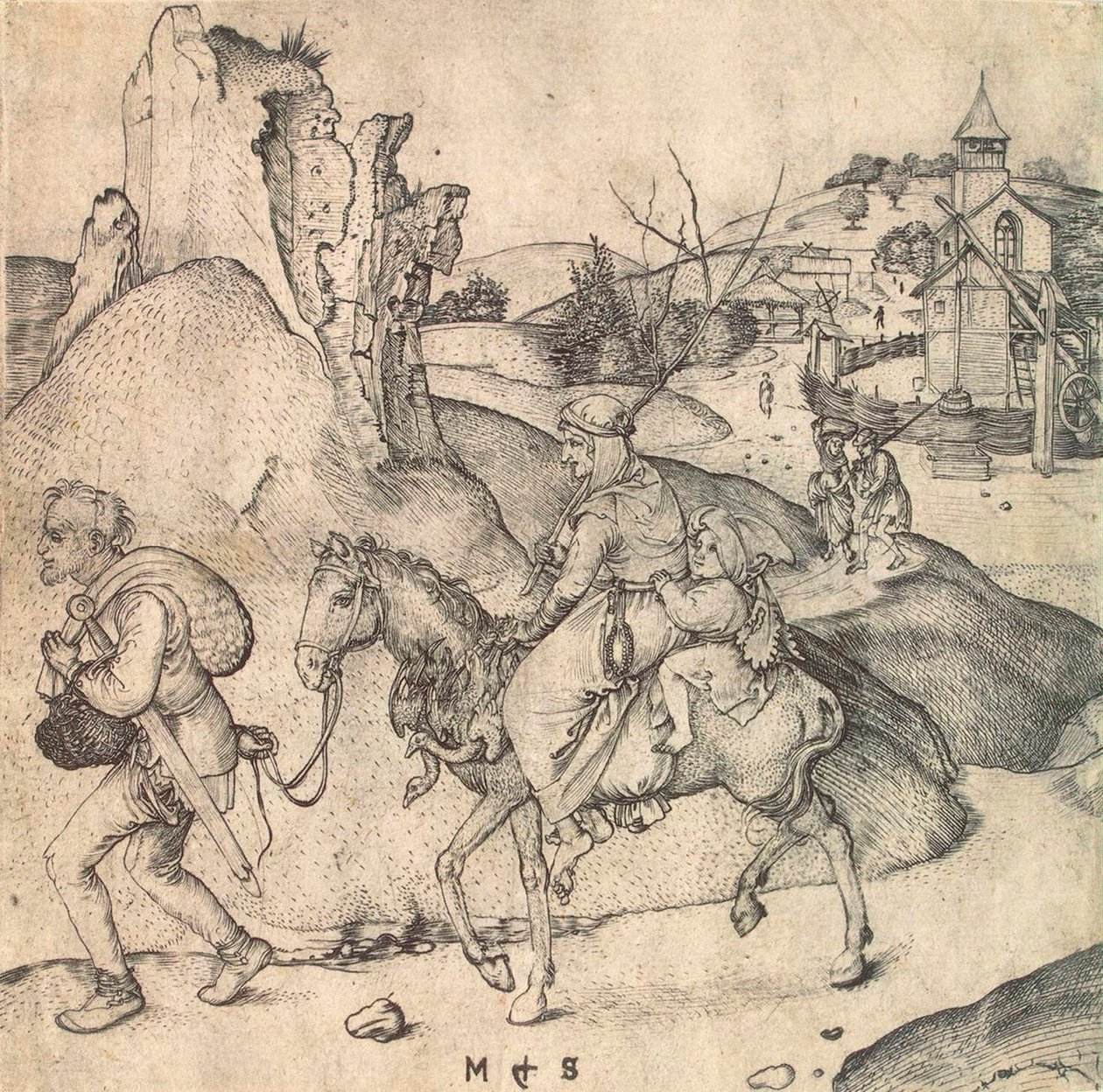 Bondefamilie på vej til markedet, mellem 1473 og 1475. af Martin Schongauer
