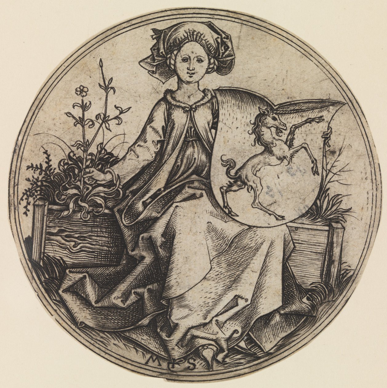 Siddende dame holder et skjold med en enhjørning, ca. 1435-1491., ca. 1435-1491. af Martin Schongauer
