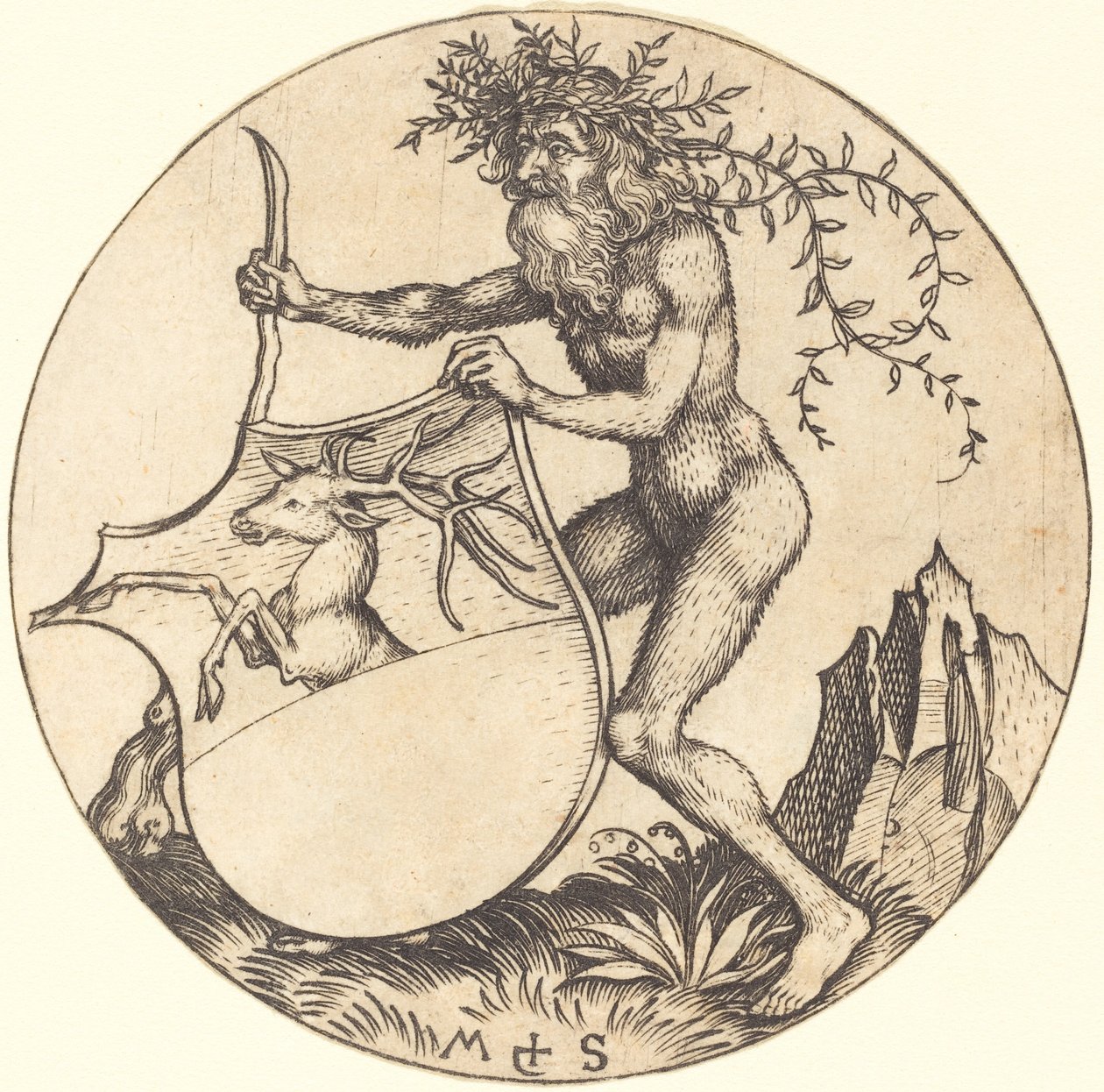 Skjold med kronhjort, holdt af vild mand af Martin Schongauer