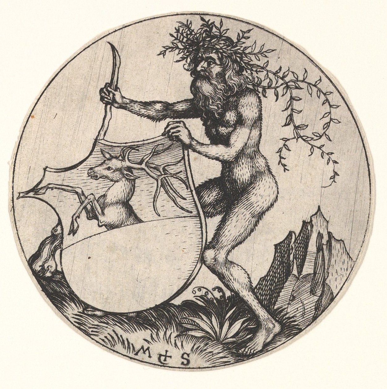 Skjold med kronhjort holdt af Wild Man, ca. 1435-1491. af Martin Schongauer