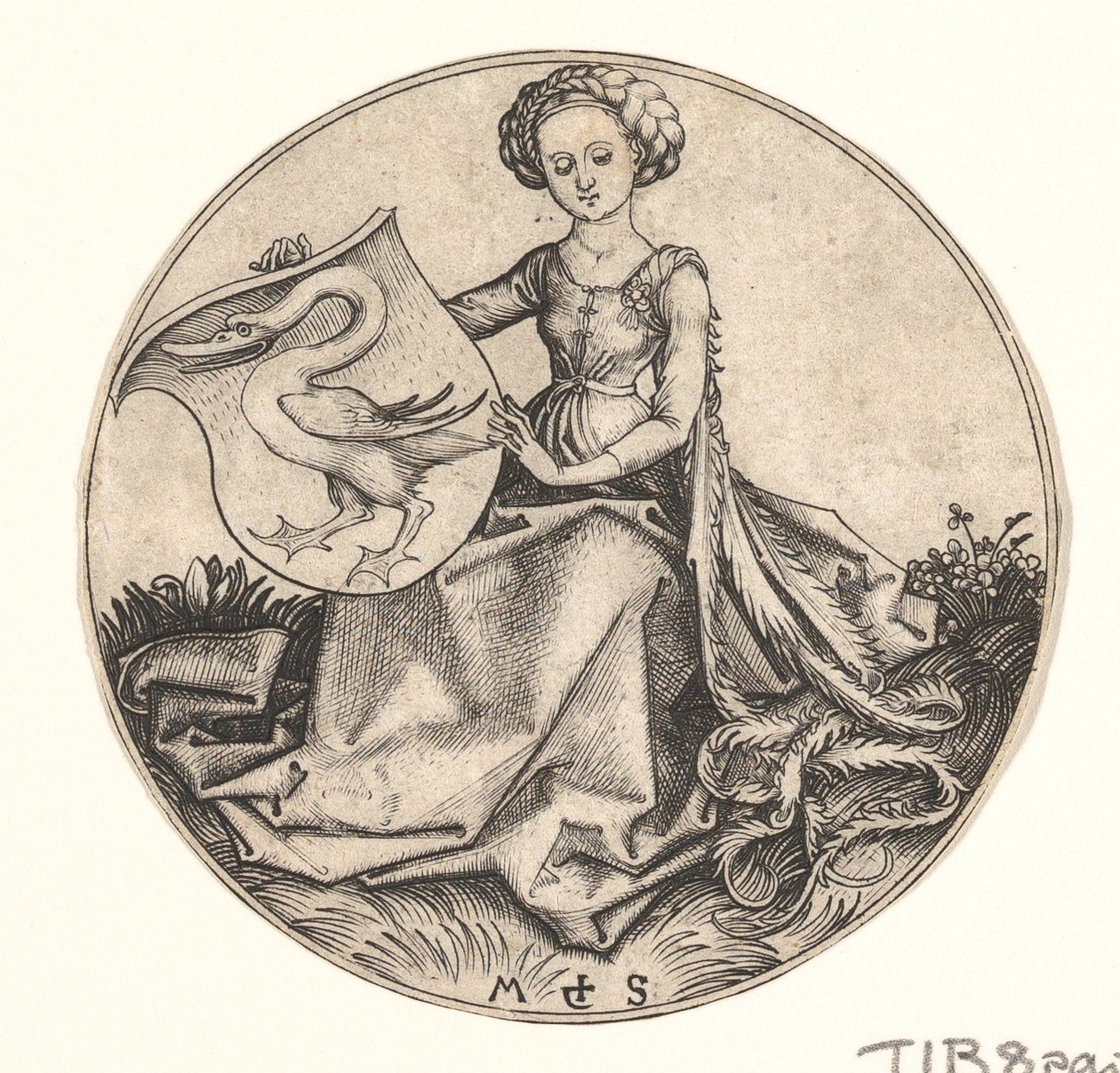 Skjold med svane holdt af kvinde, ca. 1435-1491. af Martin Schongauer
