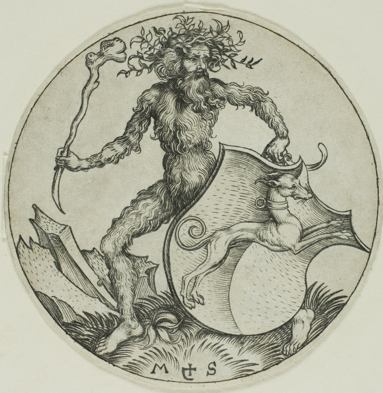 Skjold med en greyhound, holdt af en vildmand af Martin Schongauer