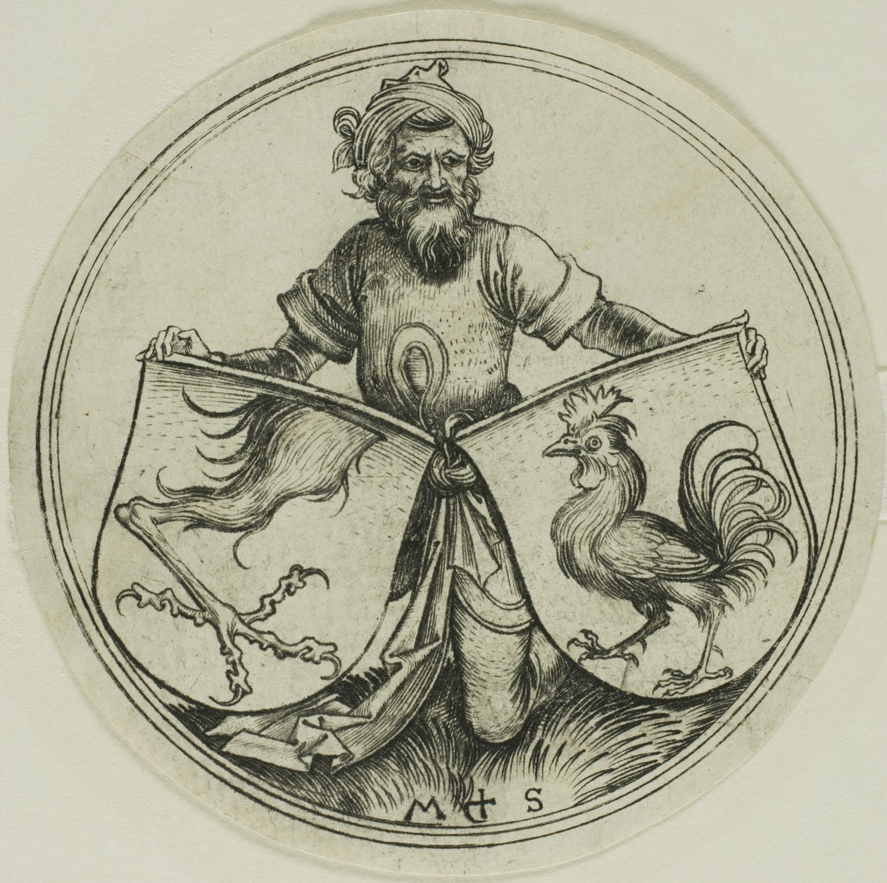 Skjold med en gribbefod og skjold med en pik holdt af en maurer af Martin Schongauer