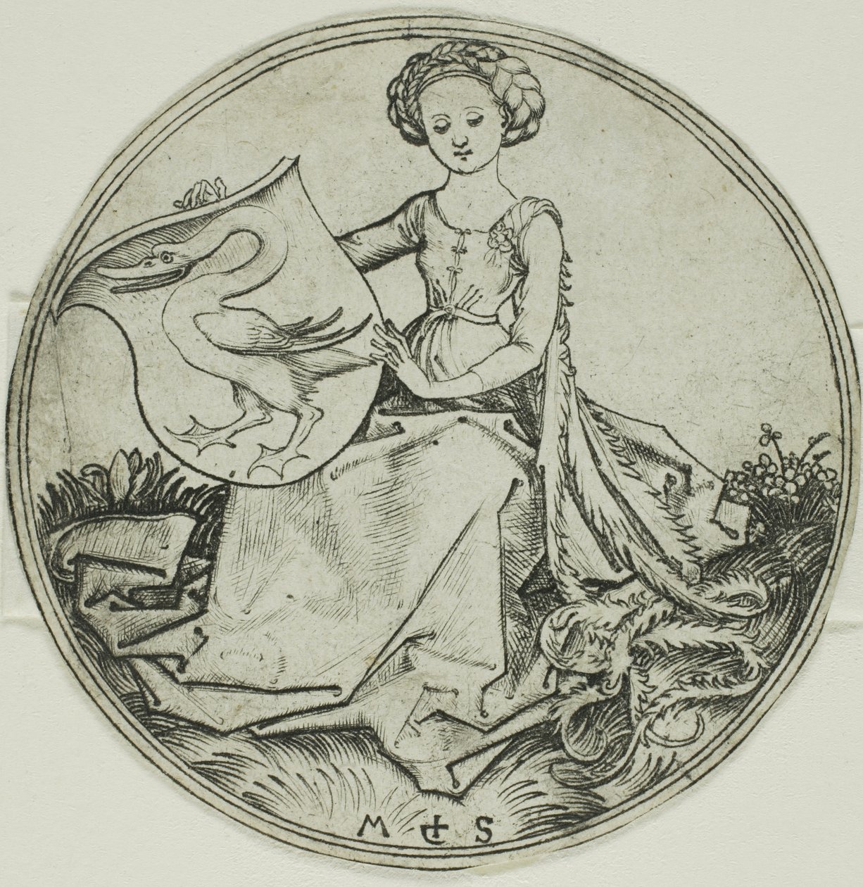 Skjold med en svane, holdt af en siddende dame af Martin Schongauer
