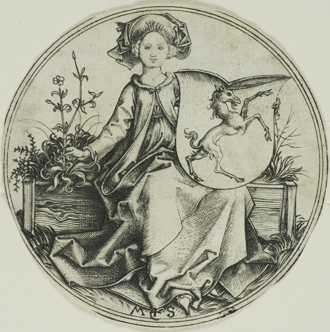 Skjold med en enhjørning, holdt af en dame af Martin Schongauer
