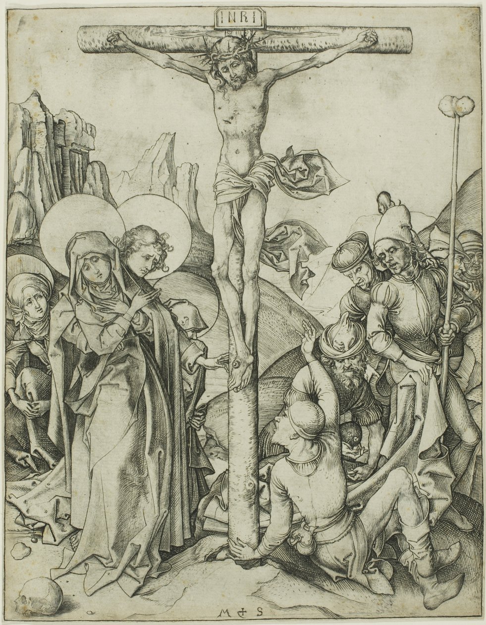 Korsfæstelsen med de hellige kvinder, Johannes og de romerske soldater af Martin Schongauer