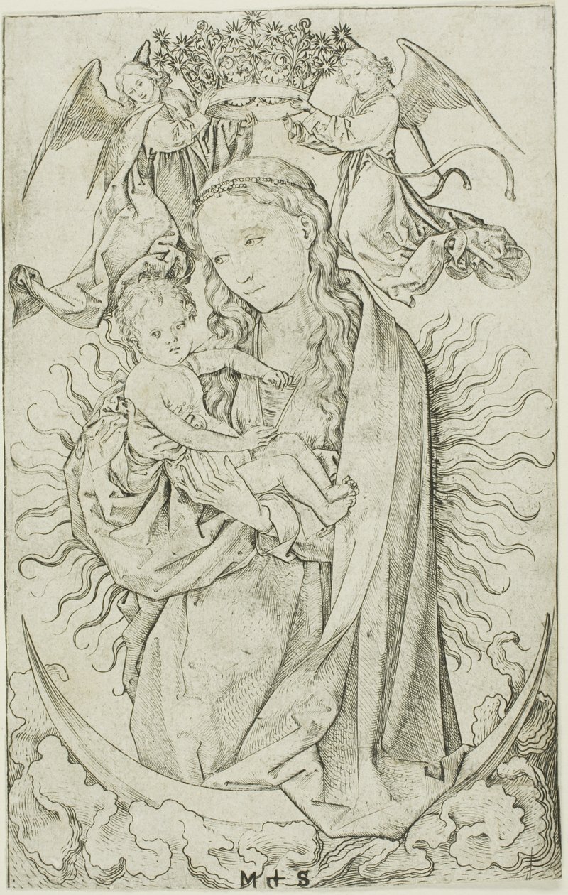 Madonna på halvmånen kronet af to engle af Martin Schongauer
