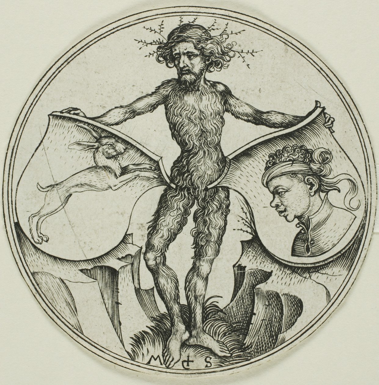 To skjolde med en hare og et hedehoved, holdt af en vildmand af Martin Schongauer