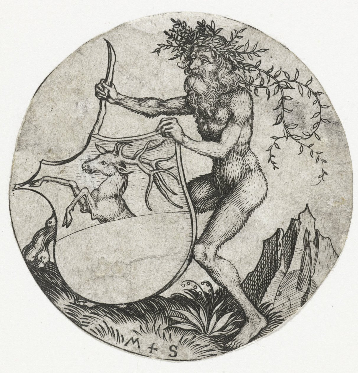 Våbenskjold med en hjort, holdt af en vild mand med en kølle Figurer med våbenskjolde (serietitel) af Martin Schongauer