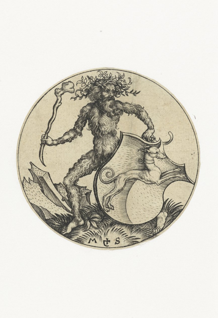 Våbenskjold med en hund, holdt af en vild mand med en kølle Figurer med våbenskjolde (serietitel) af Martin Schongauer