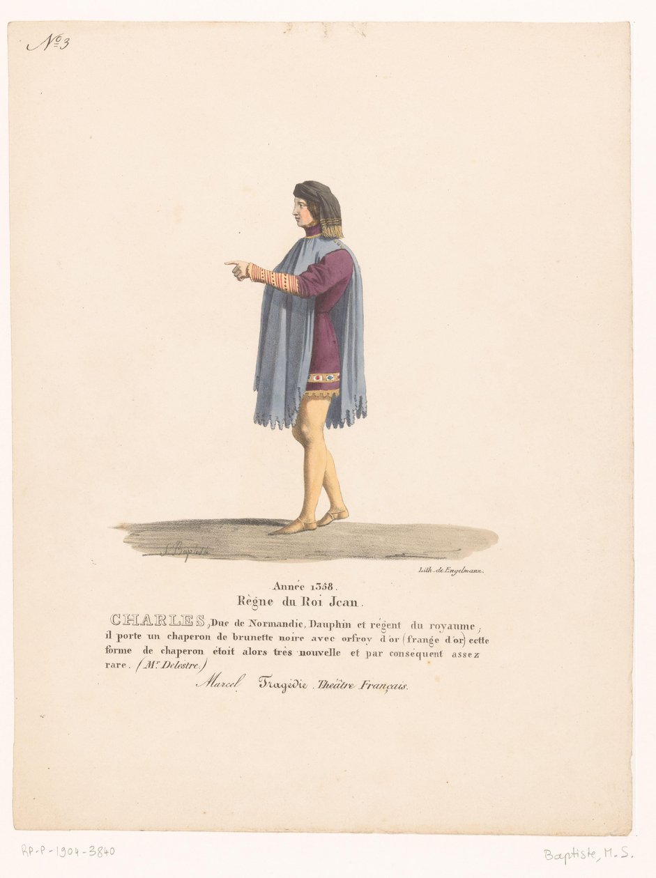 Kostuum van de dauphin Karel van Valois ud af tragedie Marcel Charles, hertug af Normandiet (titel på objekt) Theaterkostuums (serietitel) Fransk Teater: samling af kostumer af MM. J. Alaux og L. Duponchel fra manuskripttegninger i Bibliot af Martin Sylvestre Baptiste