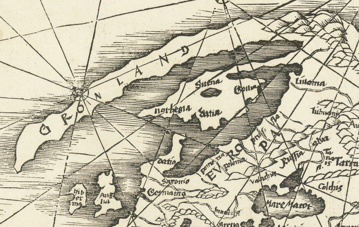 Kort over Nordsøen fra 1513 med Grønland forbundet med Skandinavien af Martin Waldseemuller