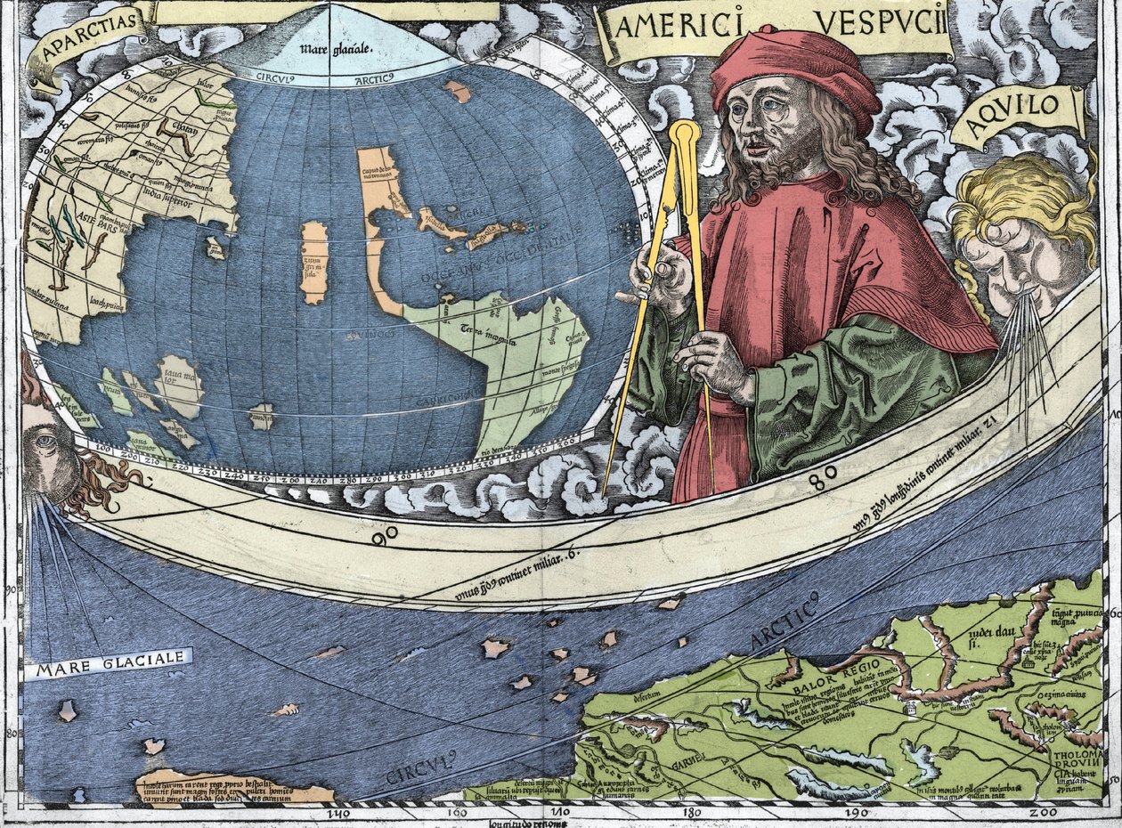 VESPUCCI, Amerigo (1454-1512). Italiensk opdagelsesrejsende og kartografi i "Waldseemuller-kort eller Universalis Cosmographia - (Universal Cosmography) - Waldseemuller Planisphere"" - 1507 - af Martin Waldseemuller