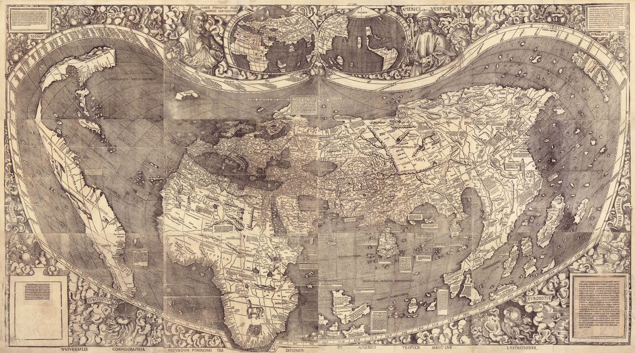 Verdenskort over Universal Cosmographia, 1507 af Martin Waldseemuller