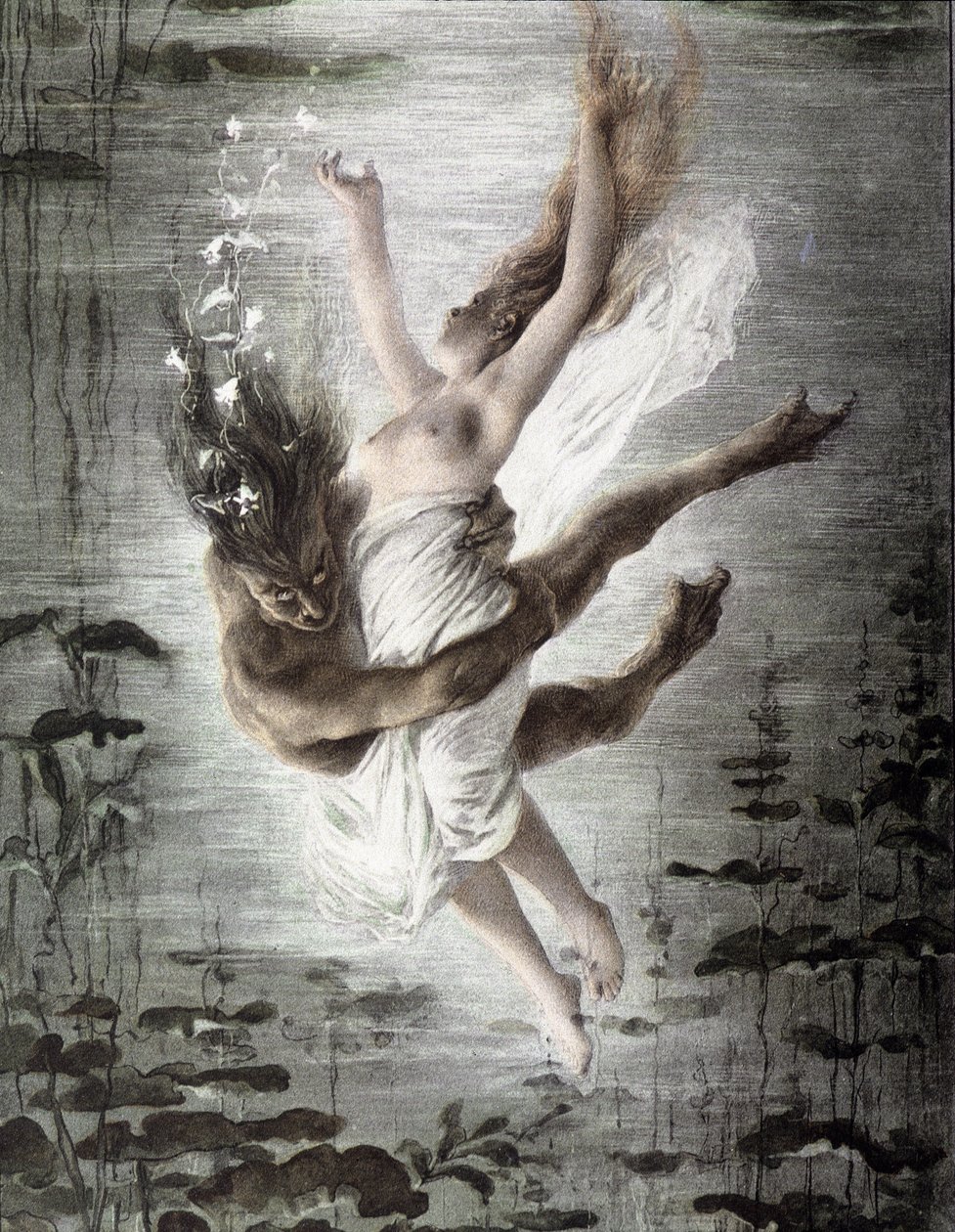 Marinemonster, der bortfører en ung kvinde (detalje fra 14299), "" Allegorien"", Martin Gerlach, ca. 1900. af Martin senior Gerlach
