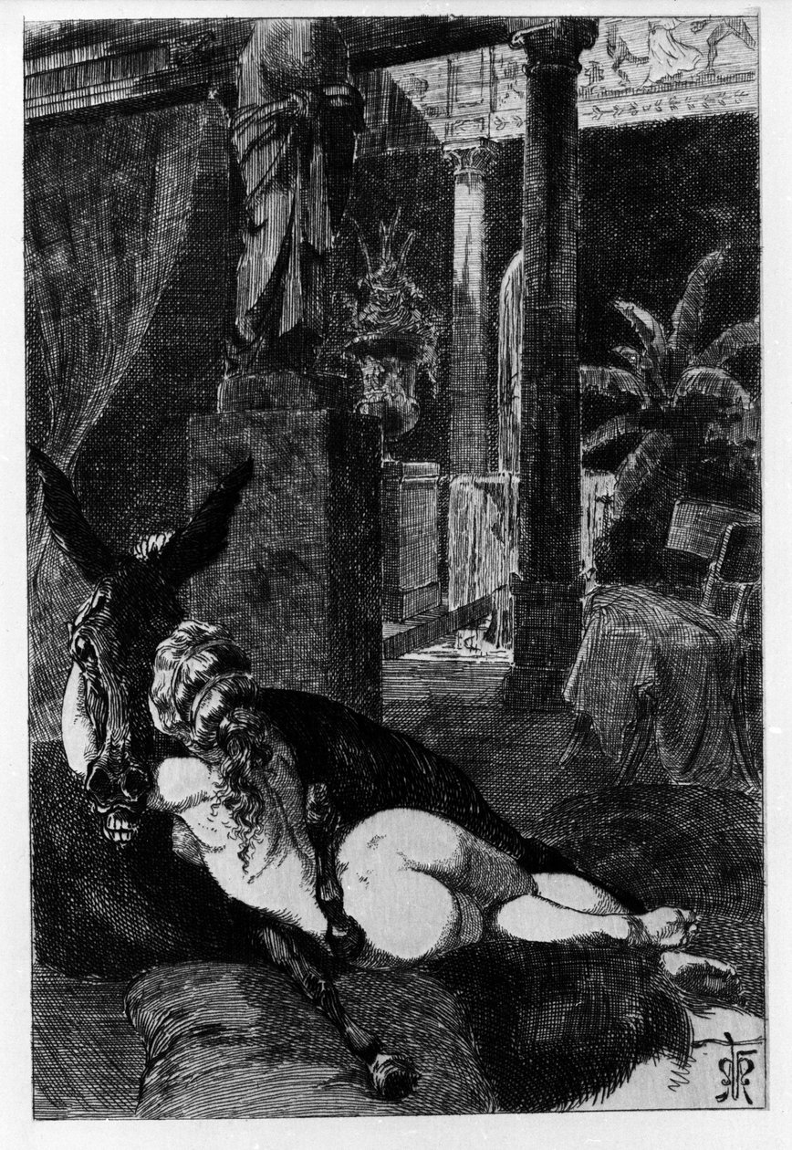 Lucius bliver ved et uheld til et æsel. Metamorfoser (Golden Donkey eller Asinus aureus), roman skrevet af Apulee (Lucius Apuleius) (omkring 125-omkring 180) i det 2. århundrede. Etching Water af Martin Van Maele af Martin van Maele