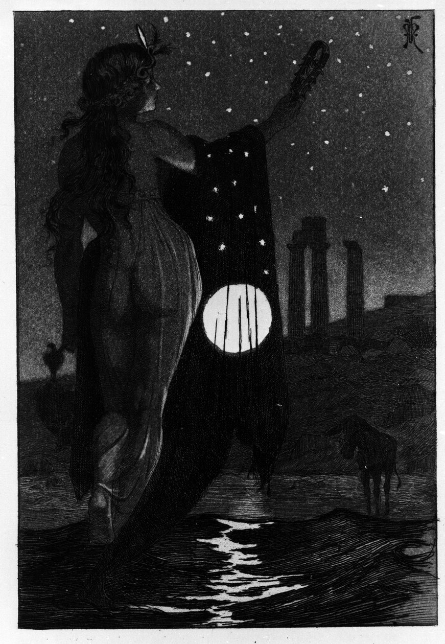 Photis forvandlede ved et uheld Lucius til et æsel Les Metamorphoses (Gyldent æsel eller Asinus aureus), en roman skrevet af Apulee (Lucius Apuleius) (omkring 125-omkring 180) i det 2. århundrede. Etching Water af Martin Van Maele af Martin van Maele