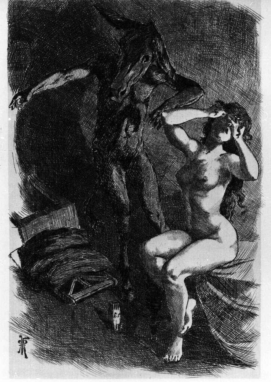 Photis forvandlede ved et uheld Lucius til et æsel Les Metamorphoses (Gyldent æsel eller Asinus aureus), en roman skrevet af Apulee (Lucius Apuleius) (omkring 125-omkring 180) i det 2. århundrede. Etching Water af Martin Van Maele af Martin van Maele