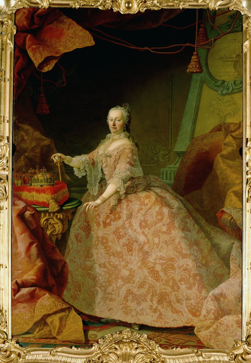 Kejserinde Maria Theresia i en kappe af Bruxelles-kniplinger, en gave fra Flanderns godser ... (olie på lærred) af Martin van Mytens or Meytens