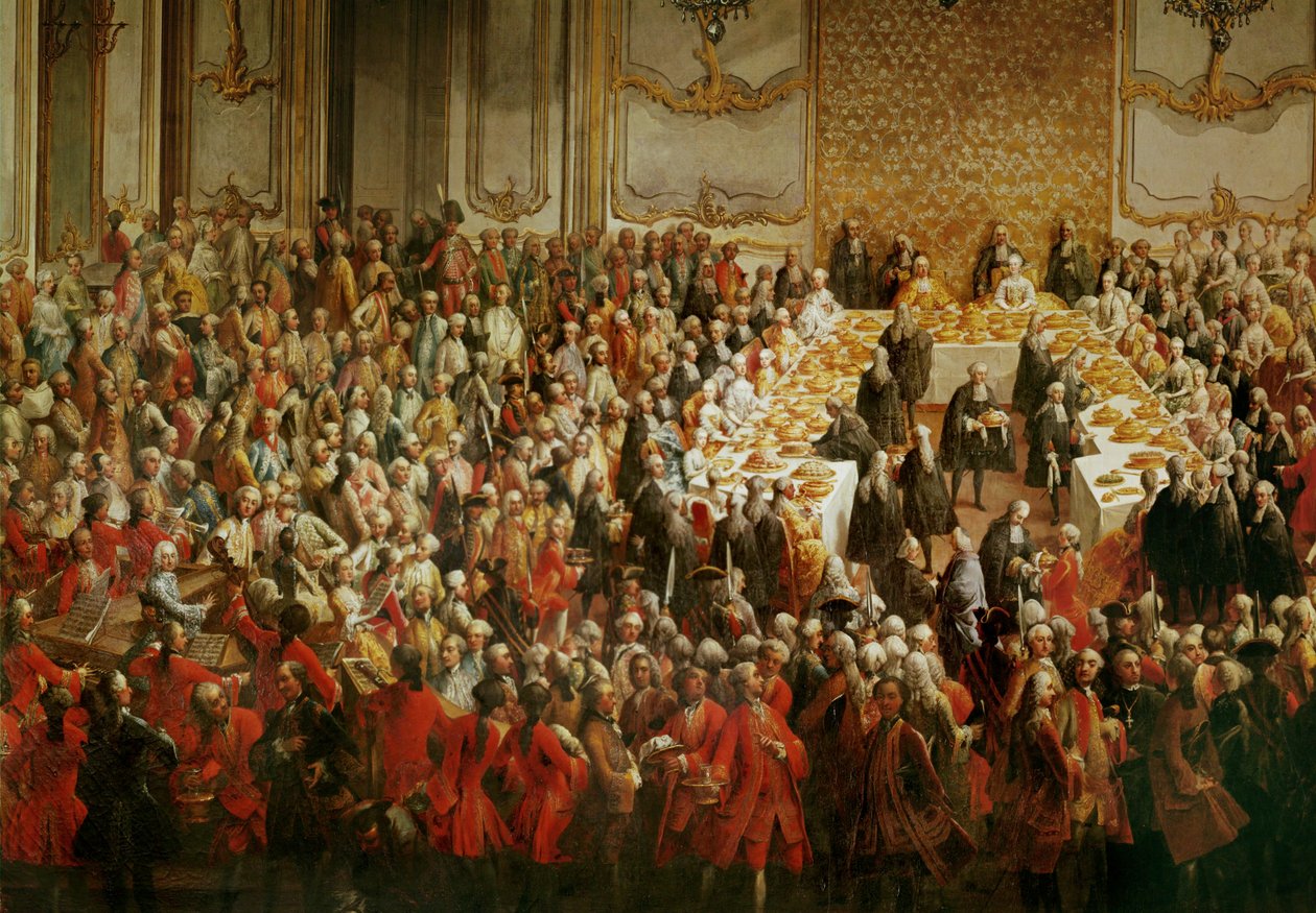 Gallamiddag til ære for brylluppet mellem kronprins Joseph og prinsesse Isabella af Parma, på Schönbrunn Slot, Wien, i... af Martin van Mytens or Meytens