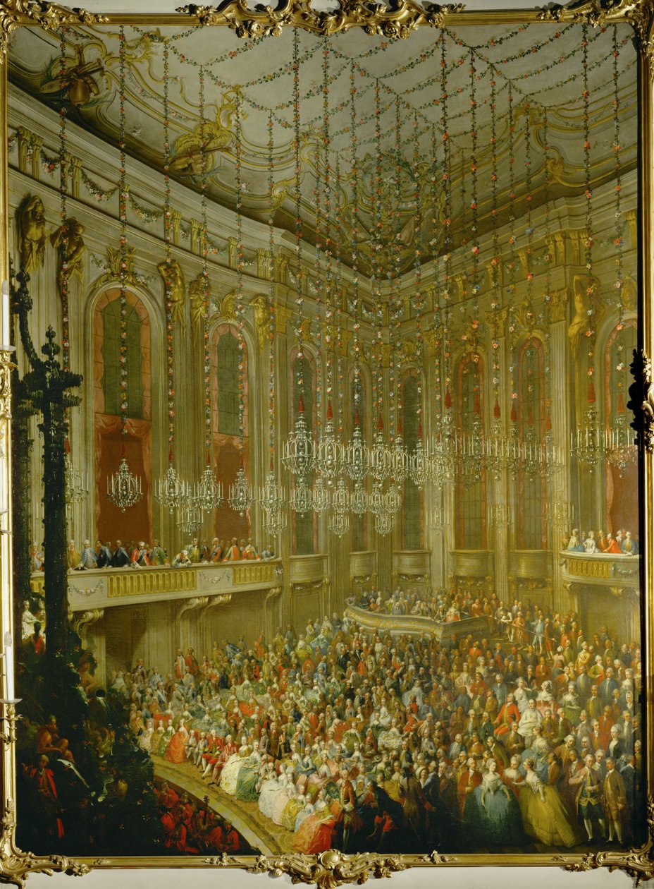 Bryllupskoncert for kejser Joseph II og Isabella af Parma;serenade i Redoutensaal i Wiens kejserpalads ... (olie på lærred) af Martin van Mytens or Meytens
