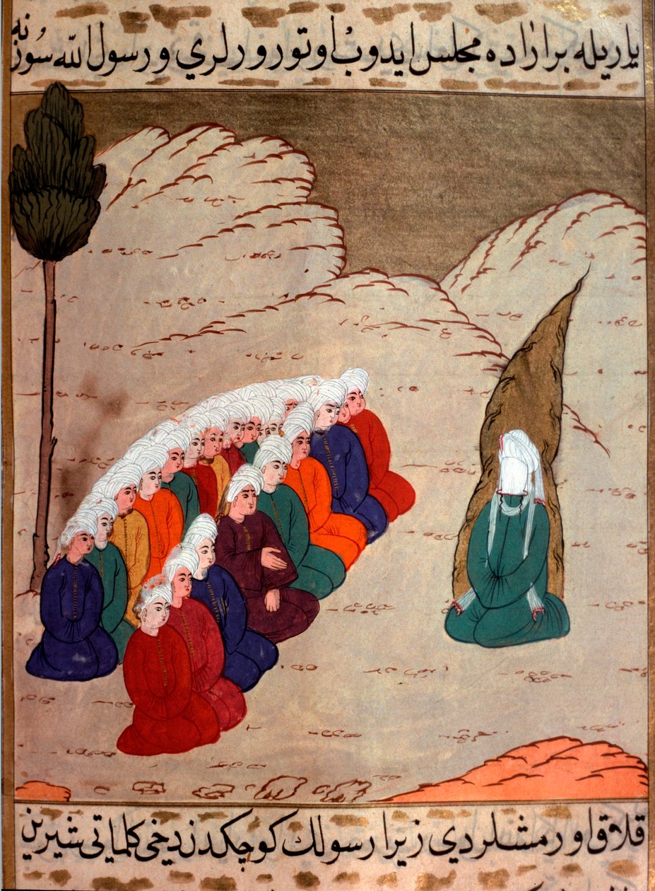 Repræsentation af profeten Muhammed (Mohammed eller Muhammad) (570-632) (ansigtsdækket) prædiker for medlemmer af Abd al-Muttalib-stammen (Abd al-Muttalib) Miniature fra "Siyer-i Nebi" (Siyer i Nebi) epos digt om profeten Muhammeds liv wr af Martino Bassi
