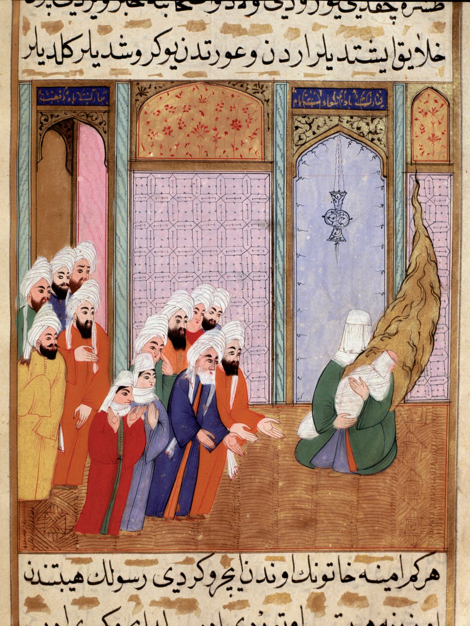 Profeten Muhammeds mor viser kun sit nye barn til sin bedstefar (bedstefar) Abd al-Muttalib (eller al Muttalib) Miniature taget fra "Siyer-i Nebi"" (Siyer i Nebi) episke digt om profeten Muhammeds liv skrevet af Mustafa, søn af af Martino Bassi