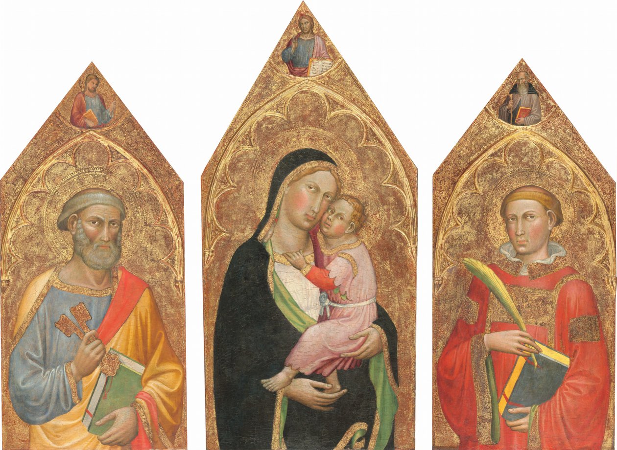 Madonna og barn med velsignelsen Kristus og de hellige Peter, James Major, Anthony Abbott og en diakonhelgen [hele triptykon] af Martino di Bartolomeo