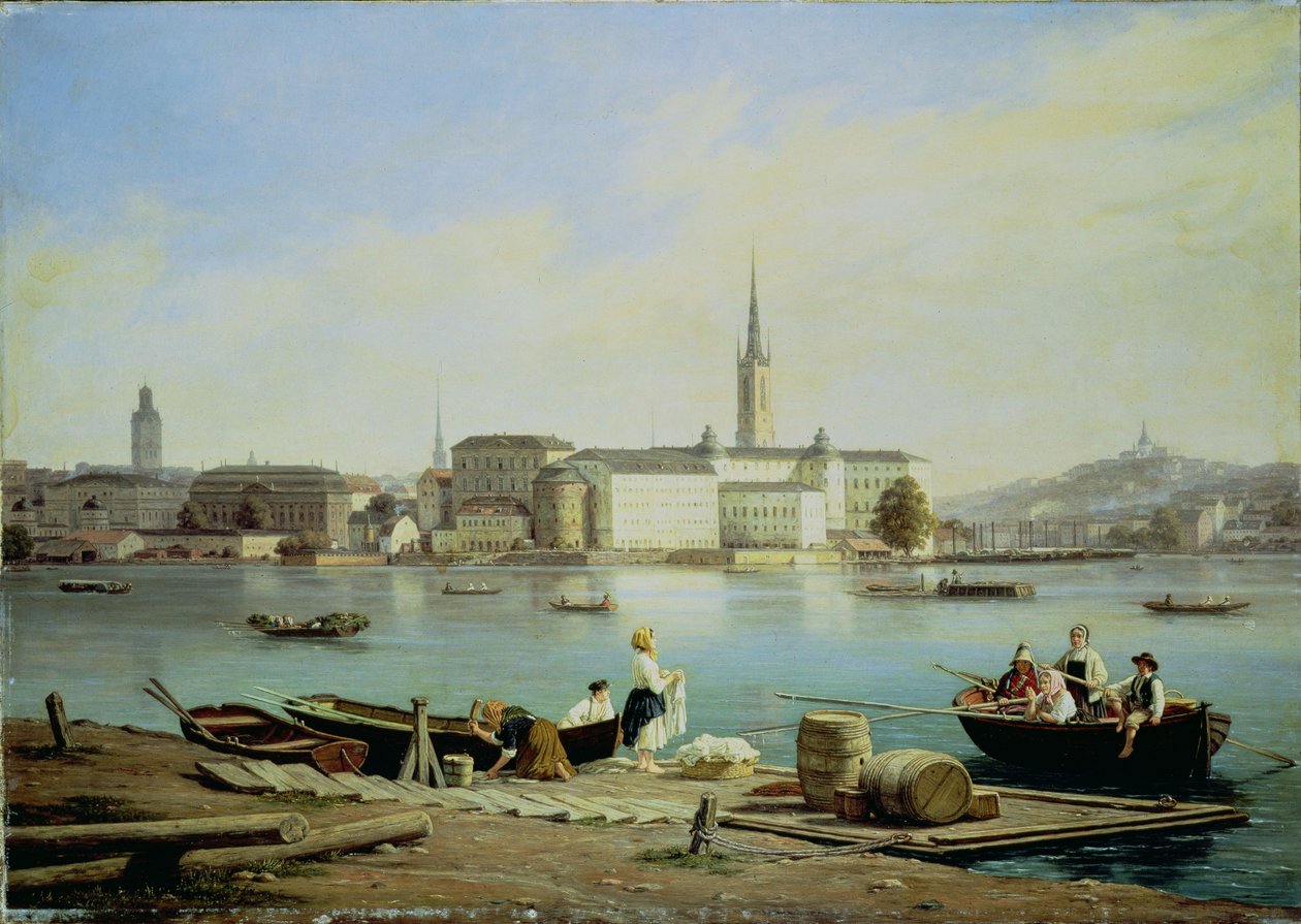 Udsigt over Riddarholmen ved Malavensøen med Riddarhuset og Riddarholmen kirke bagved, Stockholm af Martinus Rorbye