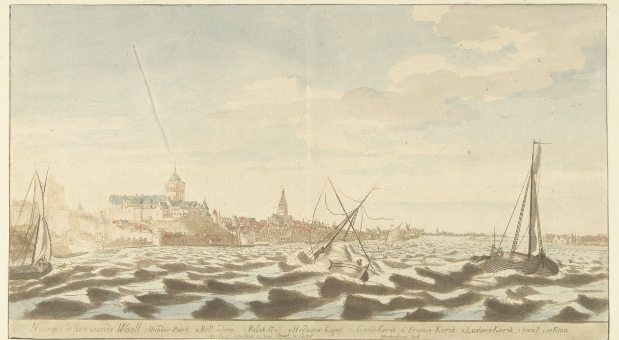 Udsigt over Nijmegen fra Waal Nymegen te sien vande Waell (titel på objekt) af Martinus Berkenboom