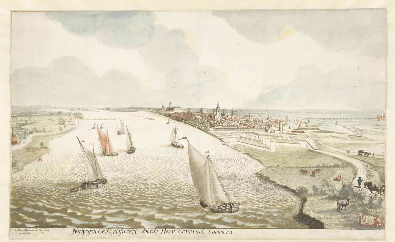 Udsigt over fæstningsværkerne nær Nijmegen på Waal Nymegen forstærket af Sir General Coehoorn (titel på objekt) af Martinus Berkenboom