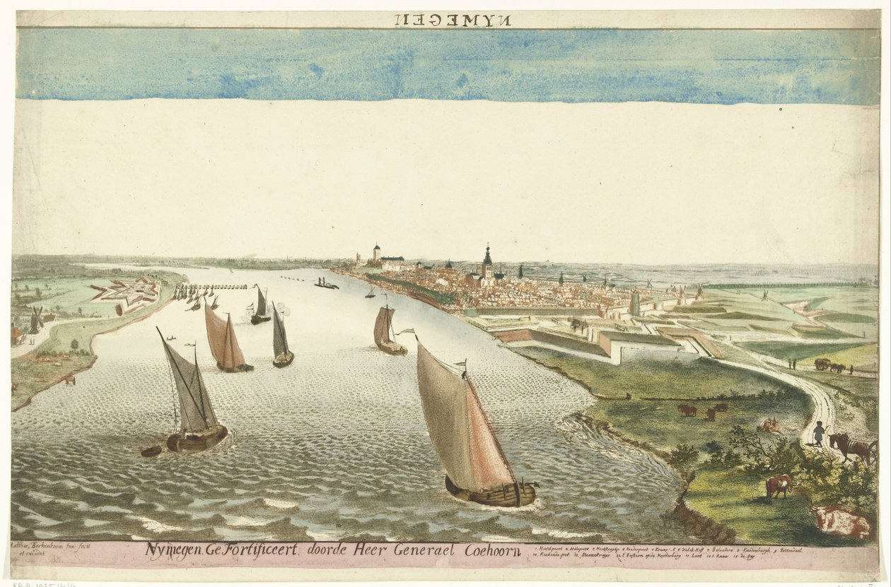 Udsigt over fæstningsværkerne nær Nijmegen på Waal Nymegen forstærket af Sir General Coehoorn (titel på objekt) af Martinus Berkenboom