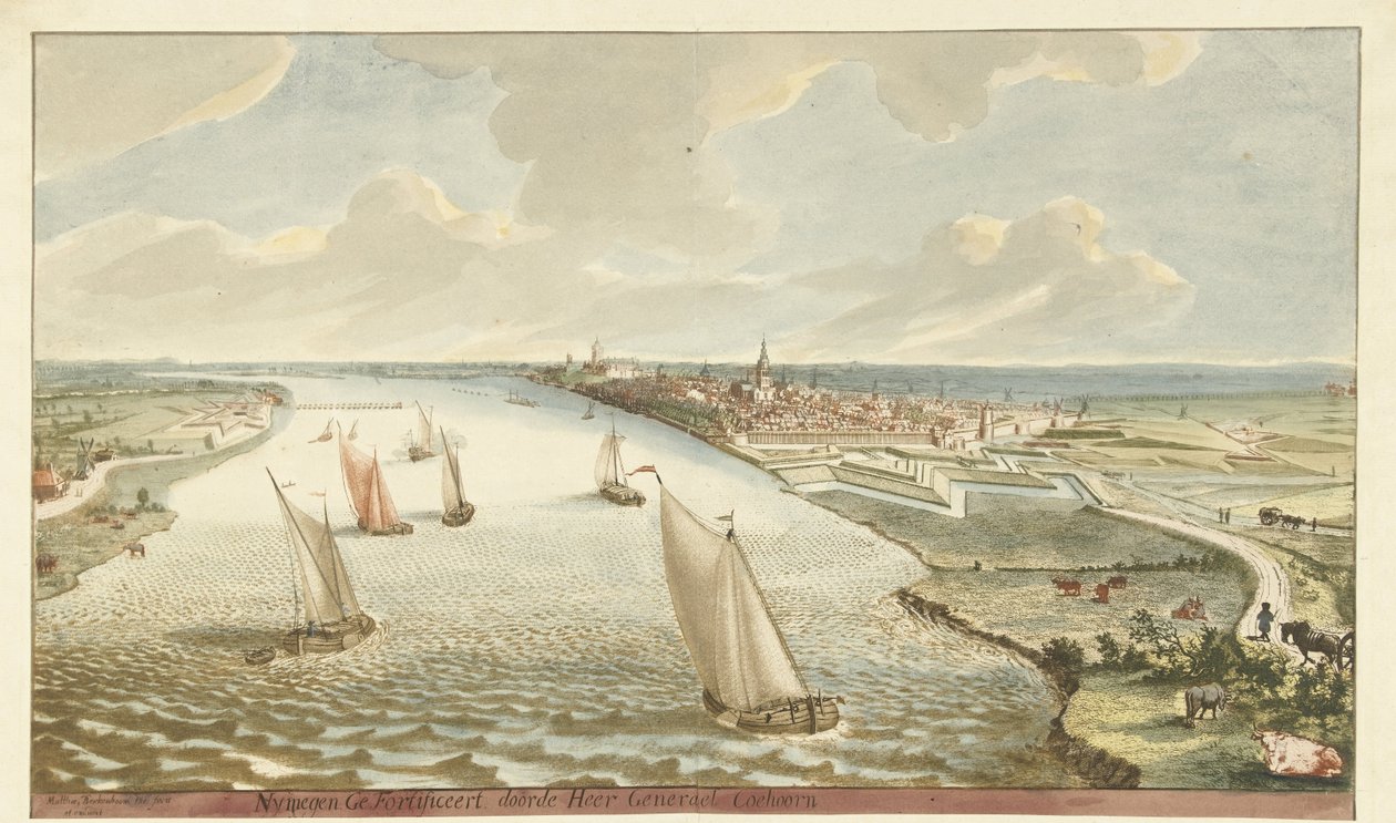 Udsigt over fæstningsværkerne nær Nijmegen på Waal Nymegen forstærket af Sir General Coehoorn (titel på objekt) af Martinus Berkenboom