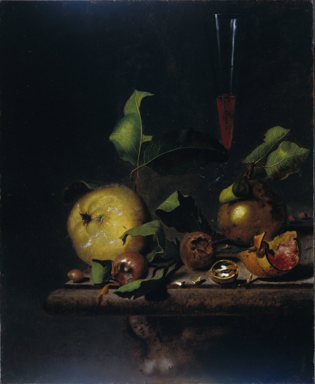 Stilleben med kvæder, mispel og et glas af Martinus Nellius