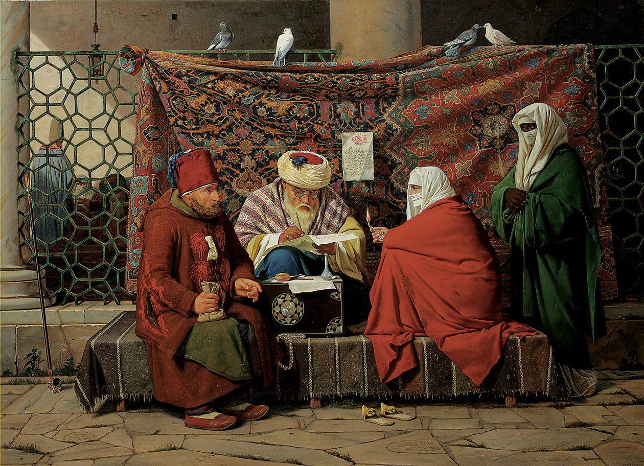 En tyrkisk notar, der udarbejder en ægteskabskontrakt foran Kilic Ali Pasha-moskeen, Tophane, Cinstantinopel, 1837 af Martinus Rorbye