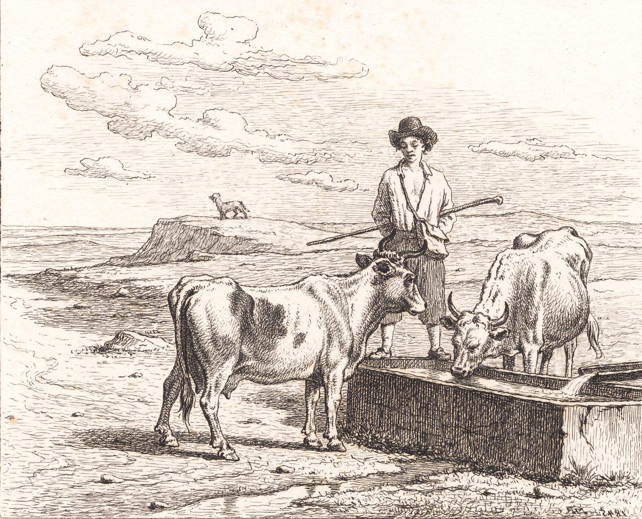 En hyrdedreng ved et vandingstrug. Illustrion til Chr. Winther "Femogtyve Billeder for små Børn" af Martinus Rørbye