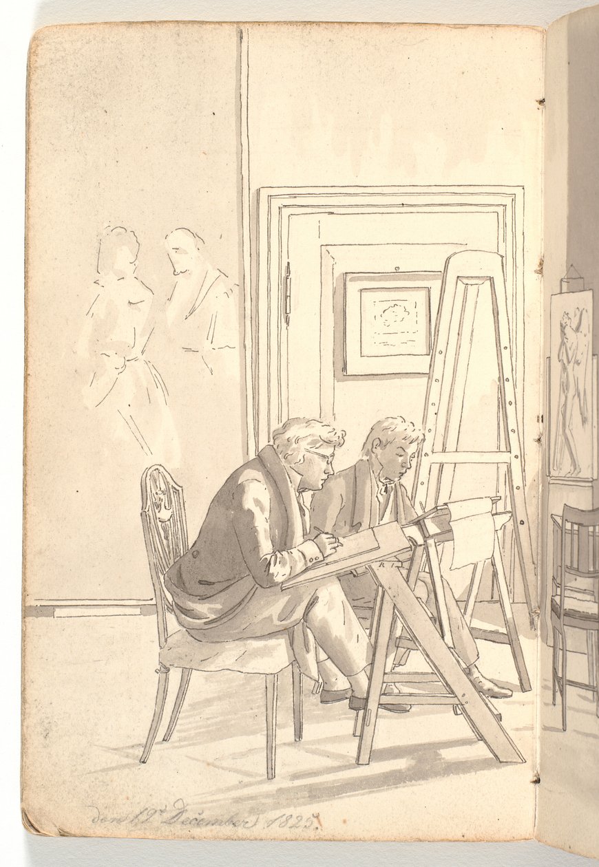 Interiør fra akademiet med tegnende unge kunstnere af Martinus Rørbye