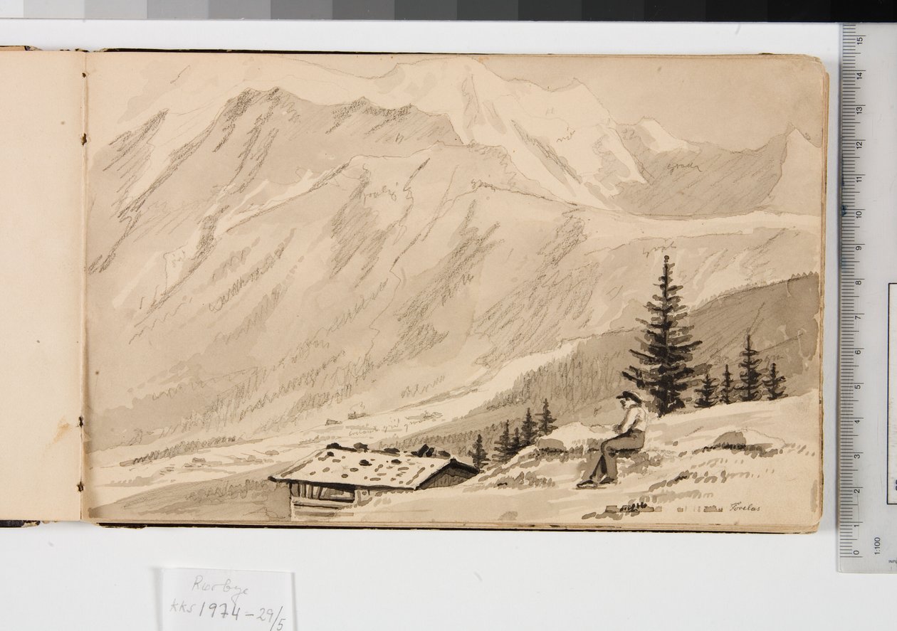 Landskab ved Chamonix, Frankrig. I forgrunden en sø af Martinus Rørbye