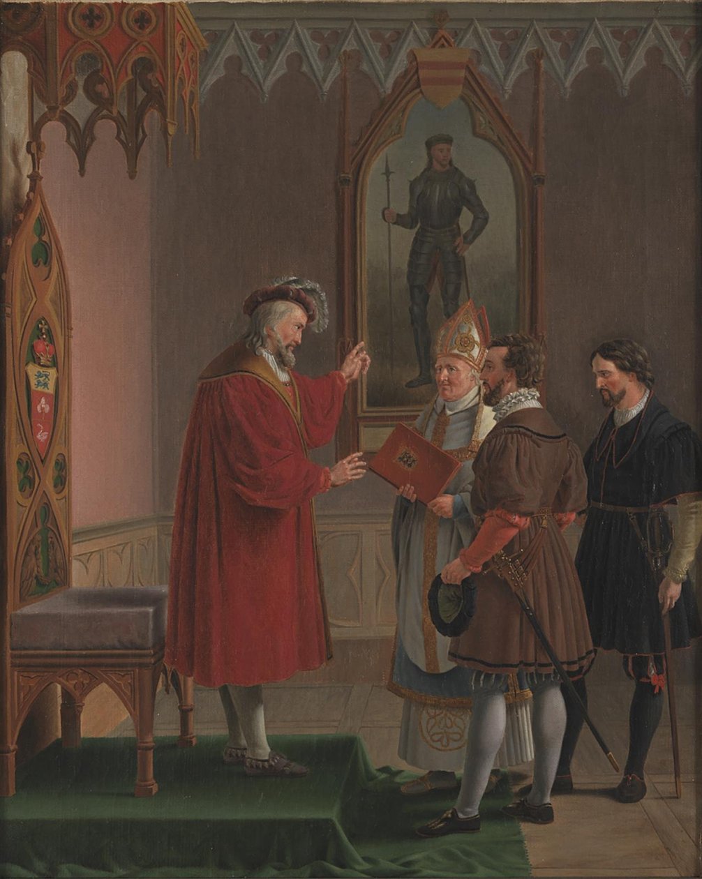 Adolf, hertug af Slesvig-Holsten, afslår tilbuddet om at tiltræde den danske trone. Kopi efter C. W. Eckersberg af Martinus Rørbye