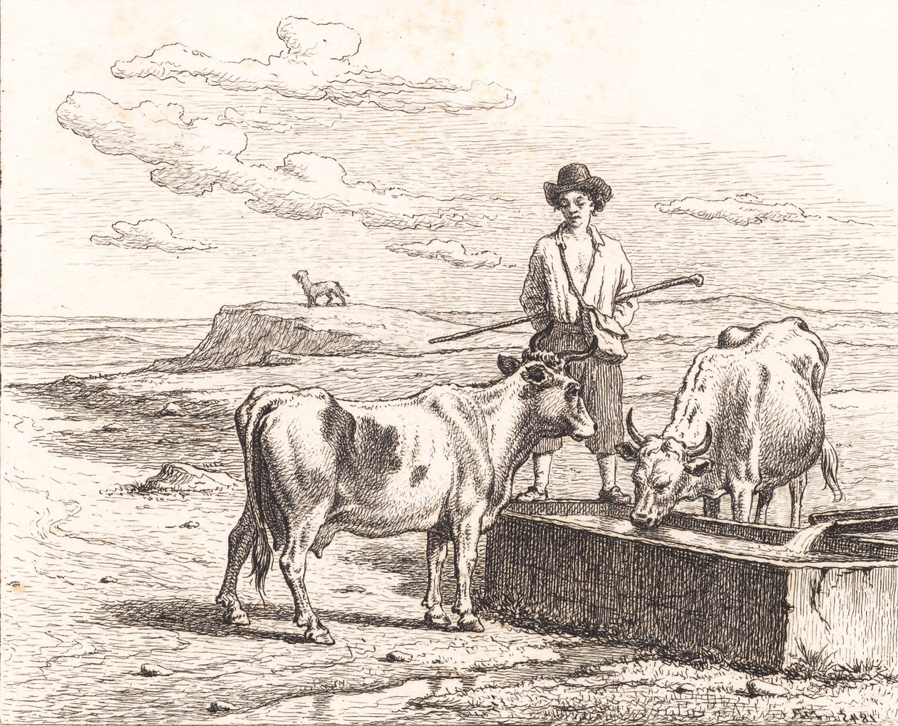 En hyrdedreng ved et vandingstrug. Illustrion til Chr. Winther "Femogtyve Billeder for små Børn" af Martinus Rørbye