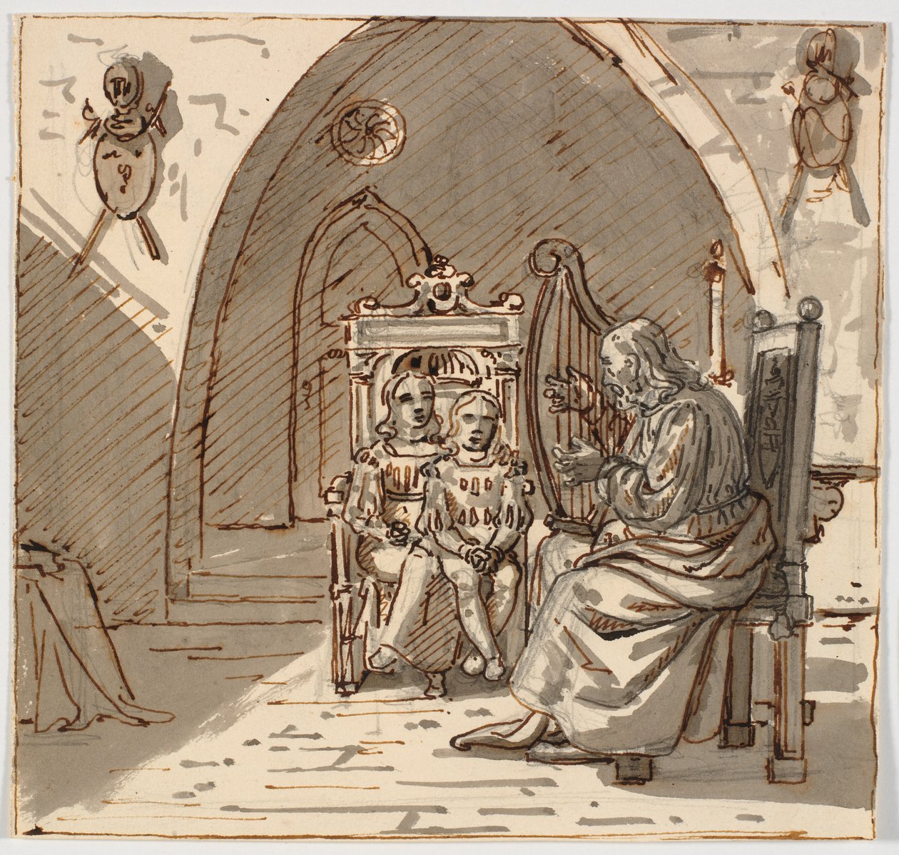 "Gotisk" scene. En skjald spiller harpe for to børn i en tronstol af Martinus Rørbye