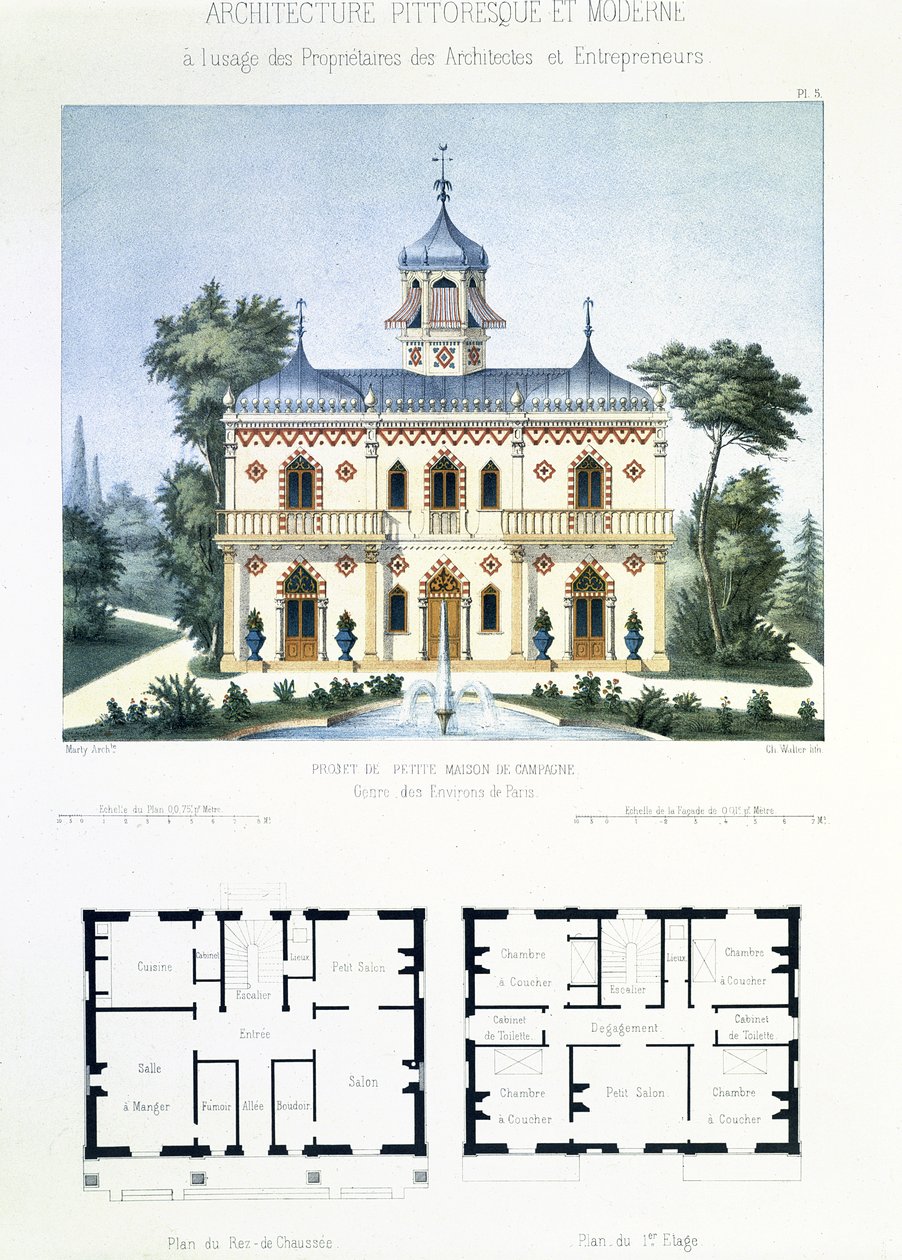 Projekt til et lille landsted nær Paris, graveret af Walter, plade 5 fra Architecture Pittoresque et Moderne af Marty