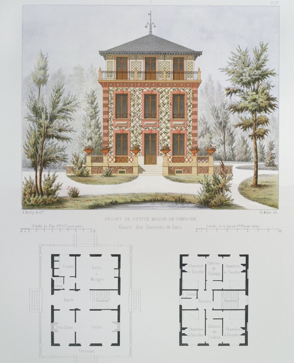 Projekt til et lille landsted nær Paris, graveret af Walter, plade 18 fra Architecture Pittoresque et Moderne af Marty