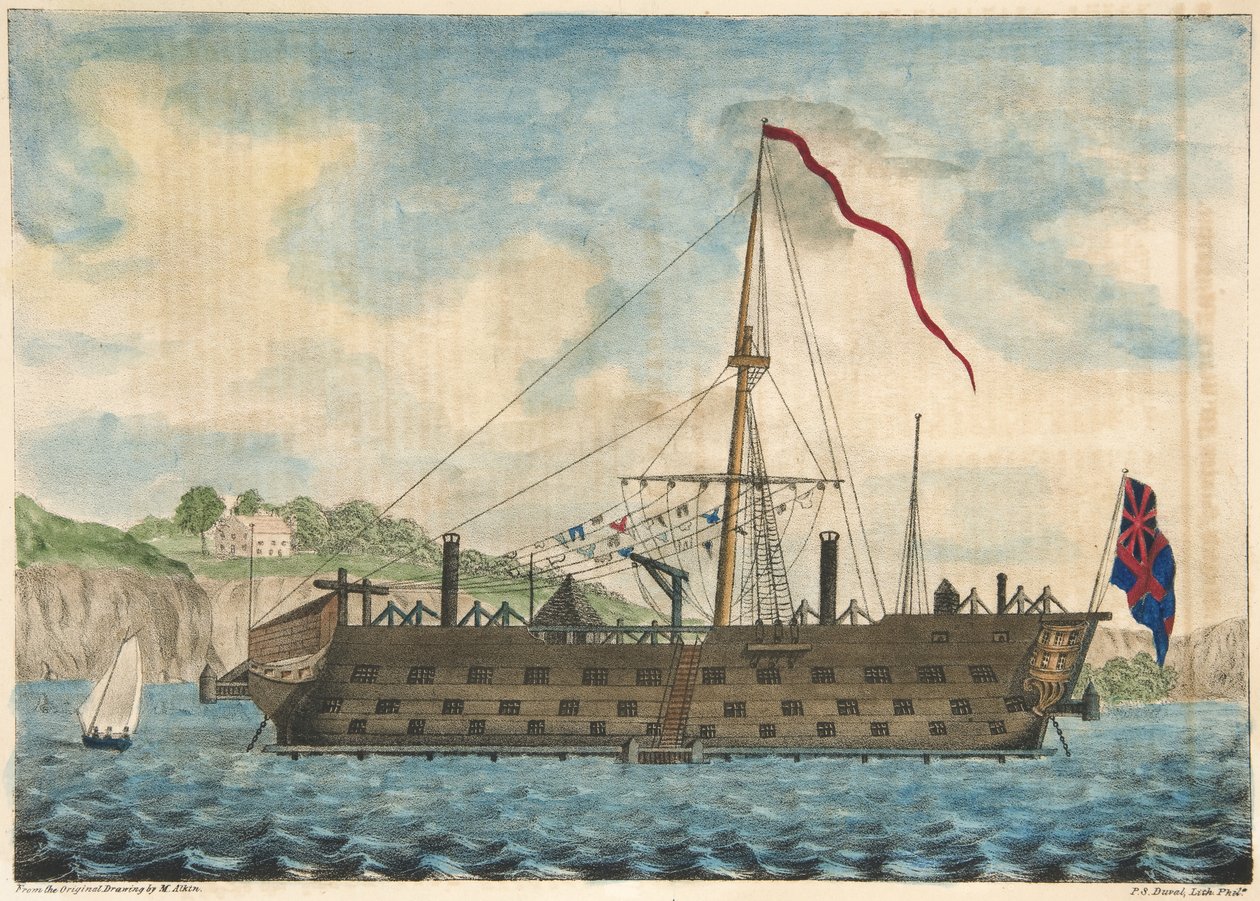 Prison Ship Saratoga ud for Dartmouth, pub. 1840 (håndfarvet gravering) af Martyn after Alken
