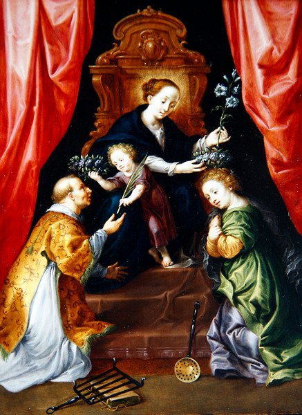 Jomfruen og barnet med Saint Elizabeth og Lawrence af Rom (olie på panel) af Martyn and Brueghel Jan the Younger Pepyn